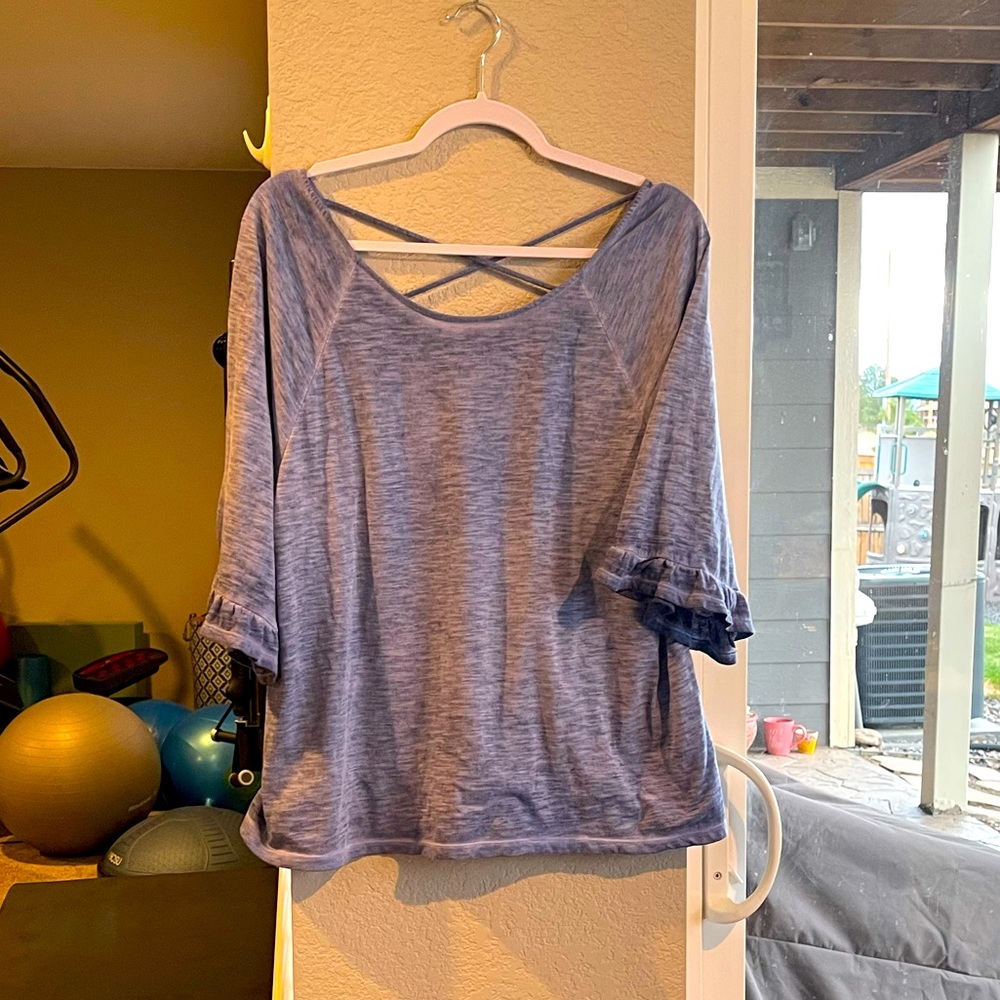 A.n.a blue stone washed quarter length ruffled sleeves t-Shirt. Size Large